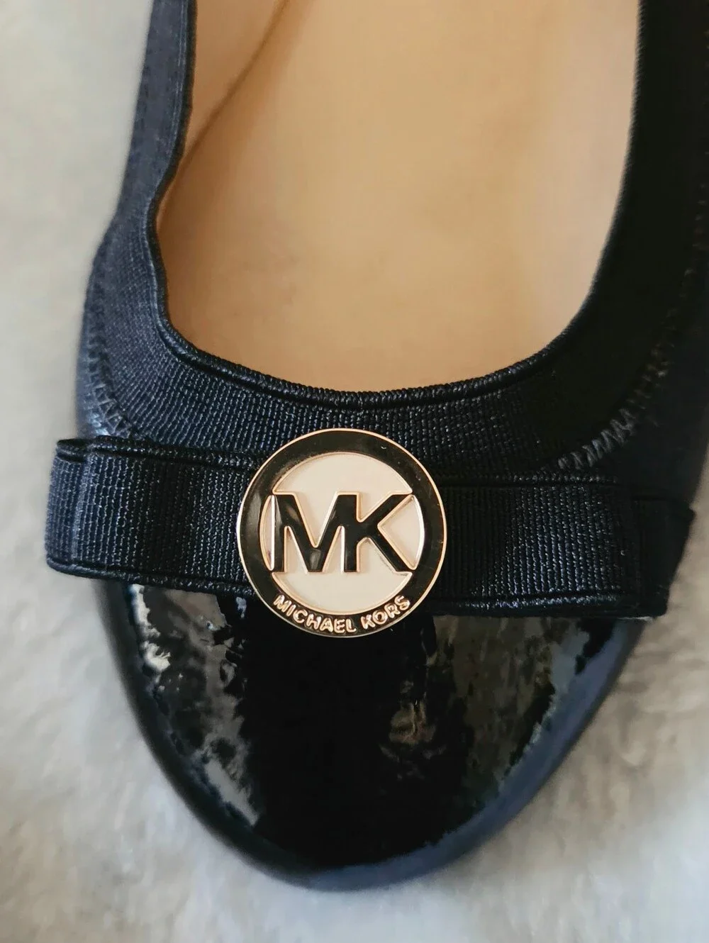 Michael Kors Black Patent & Leather Ballet Flats with Gold MK Medallion